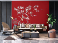 Papier peint floral rouge style Palais, Murale Chinoiserie Rouge, Mur d'ambiance de luxe pour Villa, Hôtel, Club et Espaces Commerciaux