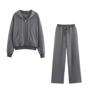 Completo Due Pezzi con Pantaloni a Gamba Dritta e Felpa con Cappuccio Grigio Casual da <span class=keywords><strong>Donna</strong></span> Set Jogger Felpe con Cappuccio - Product Image 1
