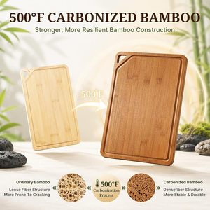 Ensemble de 4 planches à découper en bambou carbonisé, emballage cadeau personnalisé, robuste, anti-moisissure, certifiées FSC, avec rainure pour les jus - Product Image 3