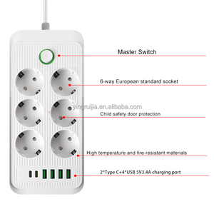 Bán hàng nóng Châu Âu Dải điện 6 cửa hàng với USB A và Loại-C sạc, cáp mở rộng 6 ổ cắm & 6 cổng, EU thông minh Ổ cắm điện - Product Image 4