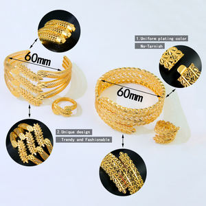 新着花嫁ウェディングラグジュアリージュエリーセット<span class=keywords><strong>21k</strong></span>ゴールドメッキ真鍮オープンバングルと女性用リングセット - Product Image 6