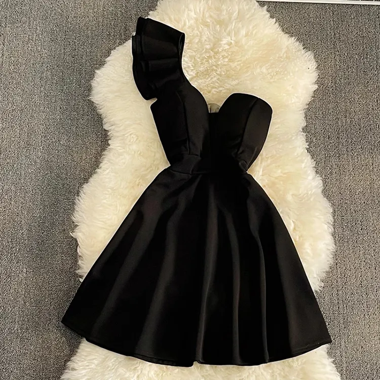 Vestidos White Ruffled One Shoulder Mini Dress Graduation Homecoming Formal Short Party Black Evening Dress For Women Party Wear