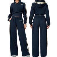 Ensemble de survêtement pour femme TZ3005-2, veste courte à capuche zippée ample et épaisse, pantalon large à rayures contrastées, tenue de sport