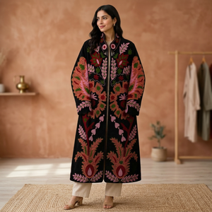 <b>Women</b> Hand Embroidered Suzani Velvet <b>Coat</b> <b>Black</b> Floral Paisley Motif Long Duster Jacket Open Front Kimono Robe Boho <b>Winter</b> - Product Image 6