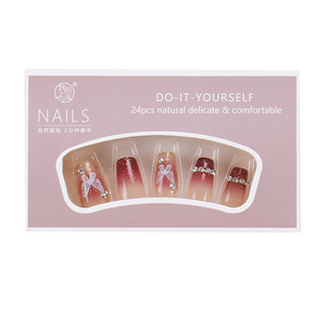 Nuevas uñas postizas populares al por mayor, cortas, en forma de T, con diseño de cereza y mariposa, con diamantes de imitación, uñas a presión desmontables. - Product Image 5