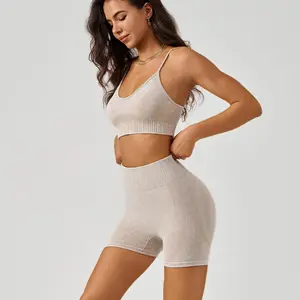 Set di Yoga sportivo satinato da donna pantaloncini con vita alta e reggiseno antiurto tuta da Fitness ad asciugatura rapida