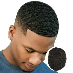 Afro rambut palsu keriting, pengganti sistem rambut pu 0.06mm kulit Wig afro 6mm 8mm 10mm 12mm untuk pria hitam rambut manusia India asli