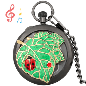 Nuovo orologio da tasca musicale con coccinella su grande foglia, carillon nero <span class=keywords><strong>a</strong></span> manovella per regalo di San Valentino o compleanno - Product Image 1