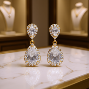 Boucles d'oreilles pendantes en cristal plaqué or E3741, forme goutte d'eau, serti clos, bijoux de mariage classiques pour femmes - Product Image 2