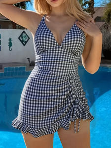 Nouveau maillot de bain une pièce pour femmes d'été, sexy et tendance, à carreaux, à ourlet plissé, à volants, à bretelles - Product Image 3