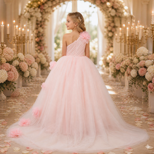 Abito da <span class=keywords><strong>Damigella</strong></span> Elegante per Bambina da Cerimonia Nuziale con Marchio Personalizzato, Monospalla con Fiori 3D alla Moda - Product Image 3