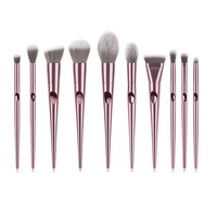Lot de 10 pinceaux de maquillage professionnels synthétiques avec logo personnalisé, manche en plastique rose, pinceau éventail, vente en gros