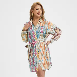 2024 New Arrival Women's Casual Satin Dress Breathable Geometric Digital Printing Contrast Color Straight Silhouette For Spring