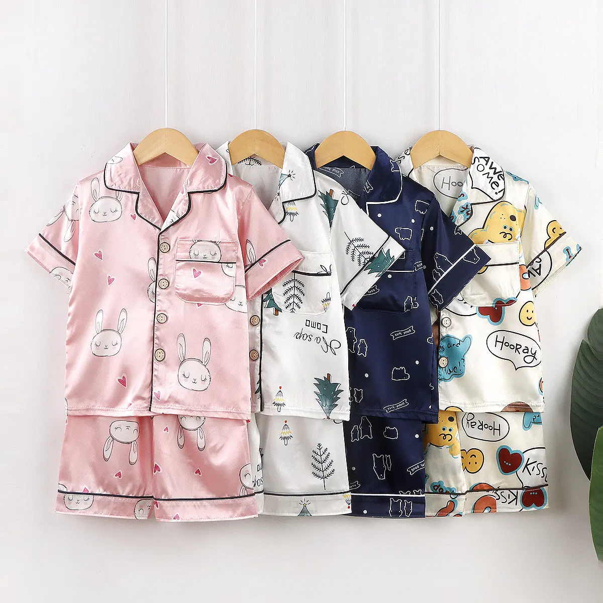 Kids Printing Ice Silk Satin Children Pajamas Short Sleeve Sets Suit For Girl And Baby Boy Organic Sleepwear Cheap Price