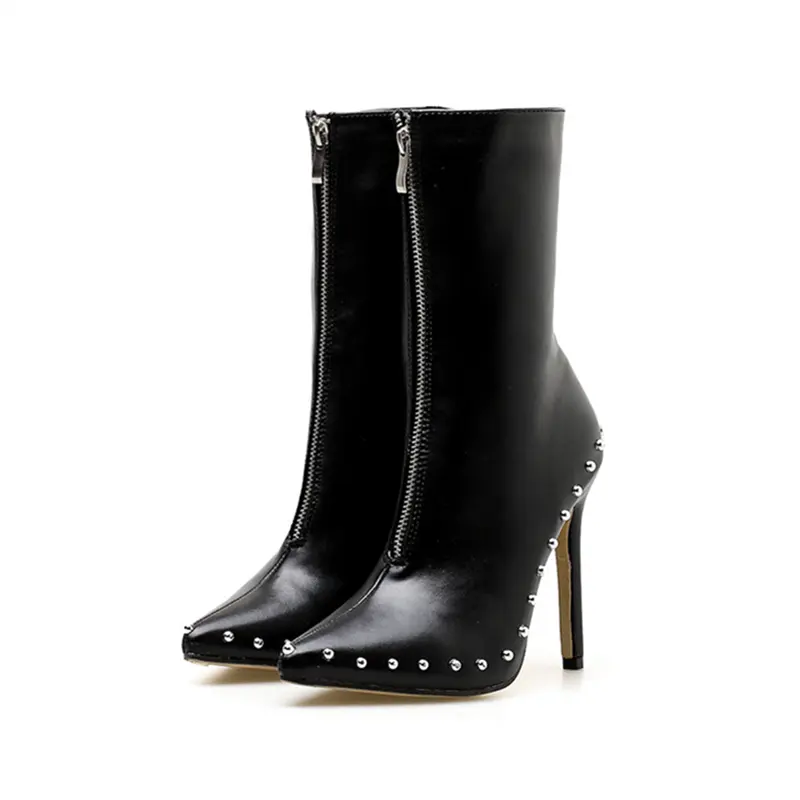 Women High Heel Ankle Boots Pointed Toe Rivets Studs Booties Stiletto Lady Dress Short Boots Zipper Sexy Booties