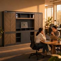 Meuble mural modulaire personnalisable OEM en gros, portes en bois chevron, étagères ouvertes, vitrine, finition grise, 3 sections, pour école et atelier