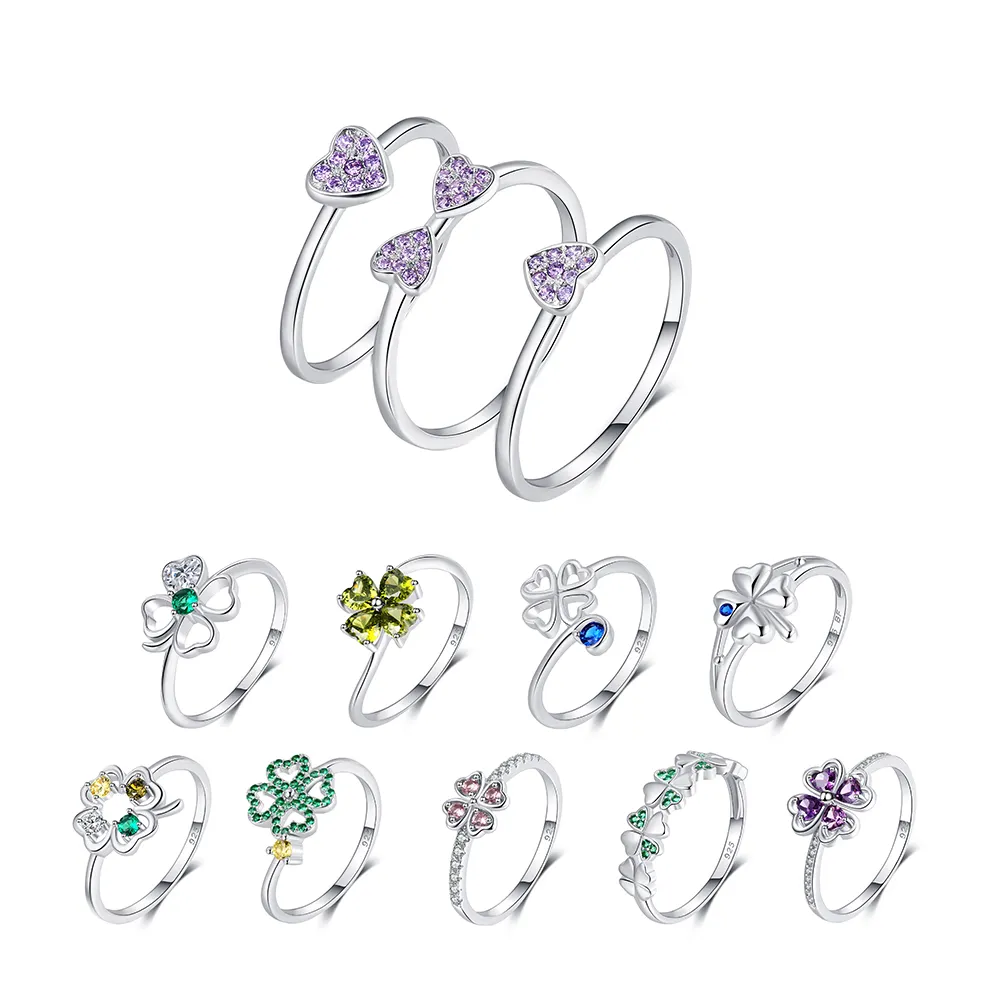 Anelli in argento Sterling 925 gioielli di lusso in ametista CZ cristallo Birthstone anelli di zircone cubici anelli di trifoglio Set per donna
