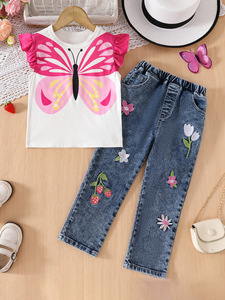 Set Estivo Trendy per Bambine: T-shirt Floreale Casual e Jeans a Gamba Dritta in Stile Coreano - Product Image 6