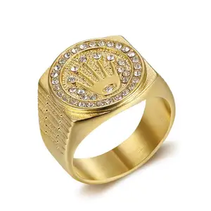 유럽과 미국 패션 크리스탈 다이아몬드 남성 반지 힙합 나이트 클럽 스테인레스 스틸 크라운 손가락 반지