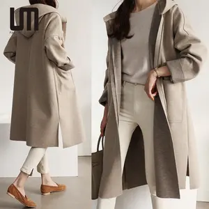 刘明时尚最新产品2024秋冬韩版女式连帽羊绒宽松长袖风衣羊毛外套
