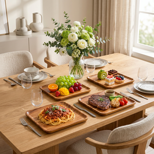 Ensemble de plateaux de service en bois d'acacia, modernes, multifonctionnels, empilables, à un seul niveau, finition polie, rangement, cuisine, maison, hôtel, restaurant - Product Image 3
