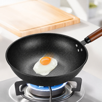Ensemble de 3 ustensiles de cuisine en acier au carbone antiadhésif de haute qualité, manche en bois, non toxique, compatible induction, revêtement marbré, en fer