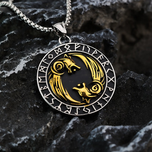 Vintage <b>Style</b> Men's Pendant Viking Double Wolf <b>Head</b> Compass Necklace Zinc Alloy Themed Pendants Gift Jewelry - Product Image 2