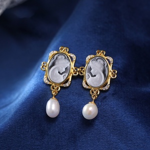 Non ternir bijoux 18k plaqué or hypoallergénique S925 argent dame Portrait <span class=keywords><strong>Agate</strong></span> <span class=keywords><strong>camée</strong></span> Baroque perle boucles d'oreilles pour les femmes - Product Image 4