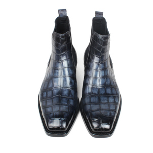 Botas Chelsea de <span class=keywords><strong>Hombre</strong></span> con Punta Cuadrada, Estilo Italiano, de Piel Genuina Pintada a Mano con Pátina <span class=keywords><strong>Azul</strong></span> <span class=keywords><strong>Marino</strong></span>, Suela de Cuero, Estilo Cocodrilo de Lujo - Product Image 3