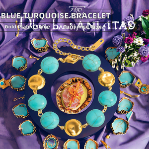 Pulsera de Acero Inoxidable con Dijes Geométricos Azules Turquesa de Moda Europea y Americana, Chapada en Oro de 18K, Accesorio Versátil para Mujer - Product Image 2