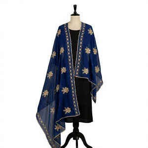 Women Navy Blue <b>Chiffon</b> Viscose Shawl Floral Embroidered Rhinestone Lightweight Breathable Ethnic <b>Scarf</b> Modest Wear Daily Wrap - Product Image 4
