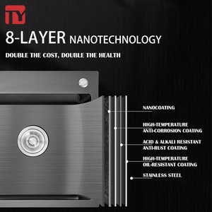 Grand évier double moderne fait main en acier inoxydable brossé nano 3-5mm, écologique, avec système d'évacuation inodore pour cuisine - Product Image 4