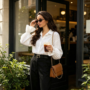 Women's <b>White</b> Striped Poplin Blouse With <b>Balloon</b> Sleeves Turn-down Collar Elegant Office Shirt Spring Summer Full Sleeve - Product Image 5