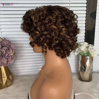 Mettre en évidence Fumi bouclés perruques de cheveux humains pour les femmes Pixie Cut Rose bouclés pas cher pleine Machine perruques oeuf boucles Bob perruque avec frange