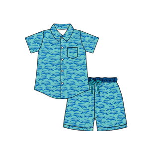 Ensemble de vêtements pour bébé garçon, chemise et short à boutons, motif crocodile, été, 95% coton, 5% élasthanne, 2 pièces, vêtements pour frères - Product Image 2