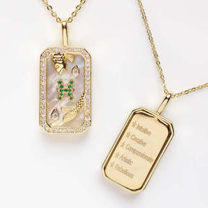 Tarot couleur zircone goutte à goutte d'huile plaqué or 18 carats collier amulette 12 Constellations disque du zodiaque collier à motifs pour hommes femmes - Product Image 1