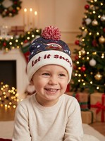 Bonnet de Noël à motif de personnage de dessin animé, 100% acrylique, chaud, réglable, avec pompon, renne, texte « Let It Snow », adorable pour les enfants, idéal pour les fêtes