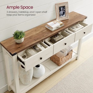 Farmhouse Luxury <strong>Narrow</strong> Entryway Console <strong>Table</strong> Hallway Wood 47.2 Inch Sofa <strong>Side</strong> <strong>Table</strong> with 3 Drawers Open Shelf Storage - Product Image 3