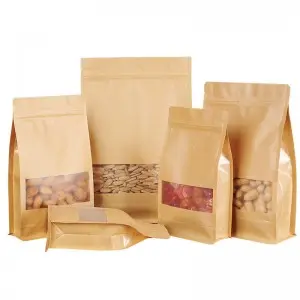 Waterproof Kraft Paper Stand Up Food Pouch With Zipper Flat Bottom Paper Pouch For Nuts With Clear Window Food Packaging