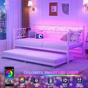 Moderna <span class=keywords><strong>Cama</strong></span> <span class=keywords><strong>Nido</strong></span> Doble Plegable con Estación de Carga, Luces LED y Soporte de Láminas de Acero para Sala de Estar/Dormitorios - Product Image 4