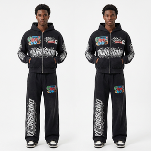 Ensemble de survêtement vintage de haute qualité, pull épais uni avec logo imprimé, sweat à capuche zippé délavé à l'acide et pantalon de survêtement évasé, coupe décontractée unisexe - Product Image 1