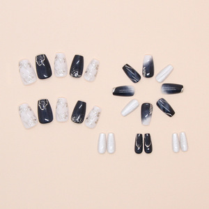Faux <span class=keywords><strong>Ongles</strong></span> à Presser Esthétiques de Luxe en Gros, Courts Forme Cercueil, <span class=keywords><strong>Bleu</strong></span> <span class=keywords><strong>Marine</strong></span> Marbré avec Fleurs Dorées, Ensembles de Faux <span class=keywords><strong>Ongles</strong></span> de Luxe de Haute Qualité - Product Image 5