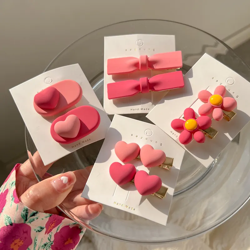 Nouvelle arrivée coréen 3D bébé filles couleur bonbon cheveux accessoires mignon rose coeur fleur pinces à cheveux ensemble bec de canard