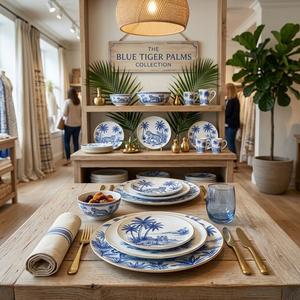 Juego de Vajilla de Cerámica Personalizado al por Mayor, Plato de Porcelana con Diseño de Tigre, Borde Dorado de Lujo, Juego de Vajilla de Porcelana China Blanca y Azul con Diseño de Selva - Product Image 3