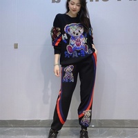Ensemble tendance deux pièces pour femme, grande taille, pull en tricot à sequins motif dessin animé et pantalon de sport, orné de strass thermocollés, collection automne LFF-6580