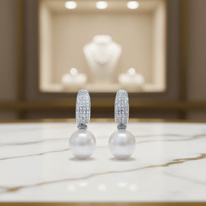 Pendientes de Perlas Akoya, Chapados en Oro Blanco, Plata 925, Engaste Pavé, Perla Cultivada Redonda, Grado AAA, Joyería de Boda para Mujer - Product Image 2