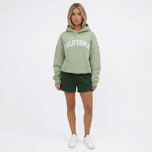 California Hooded Sweatshirt & Shorts Set Women 2 Piece Casual Fleece Outfit Spring Summer Loose Fit Letter Print Streetwear - Product Image 1