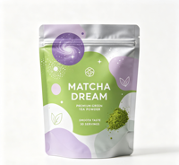 Sachets refermables personnalisés à fond plat pour poudre de matcha durable, sacs d'emballage recyclables en aluminium pour le stockage de poudre de thé