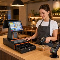 Ensemble de point de vente à double écran avec tiroir-caisse, clavier, lecteur de codes-barres, écran tactile tout-en-un de 15,6 pouces, imprimante 58 mm