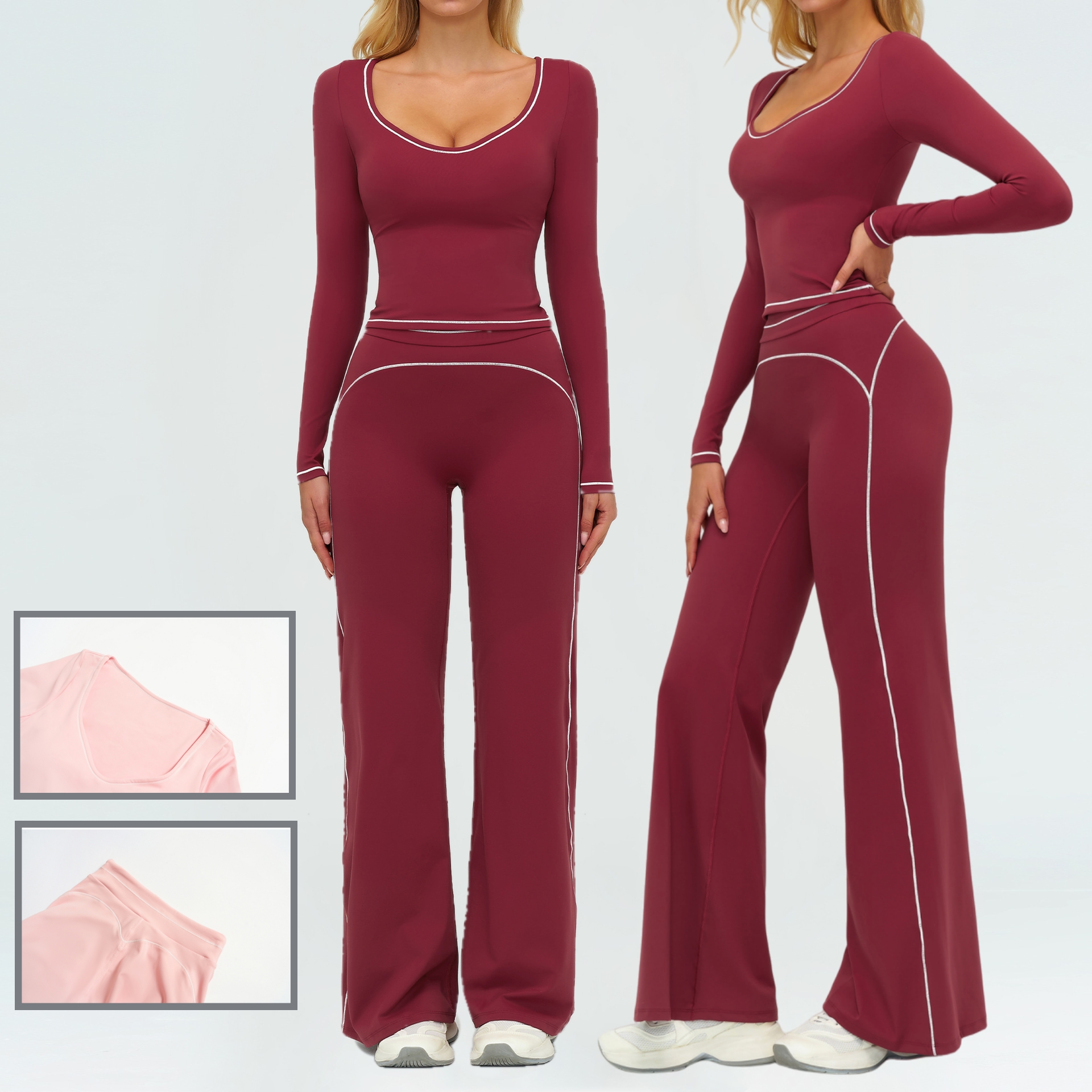 Women Yoga Set Long Sleeve Square Neck Top with High Waist Wide Leg Pants Side Stripes Outfit Gym Wear Casual Street Fashion